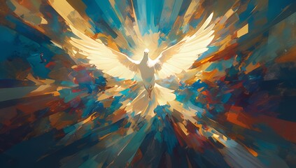 The holy spirit in the form of a white dove, an oil painting in the style of with vibrant colors and dynamic brushstrokes. 