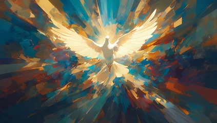 Fotobehang The holy spirit in the form of a white dove, an oil painting in the style of with vibrant colors and dynamic brushstrokes.  © Photo And Art Panda