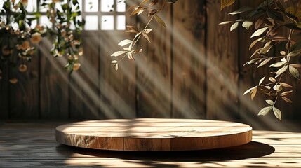 Wooden podium with leaves and shadows. Realistic wood platform for product presentation.