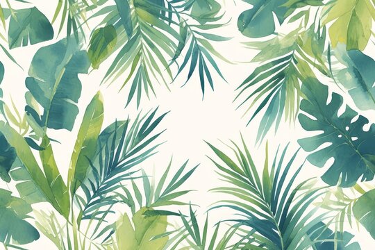 watercolor green tropical leaves and palm tree