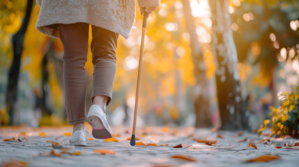 杖をついて公園を散歩するシニア女性