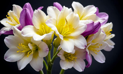 Beautiful african flower Freesia. Lilac, white and yellow.  Colorful. Black background.