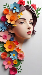 Colorful illustration of a brunette young woman surrounded by paper flowers. Paper cut concept. Space for text. Copy space.