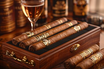 Wooden box of cigars paired with a wine glass for the event
