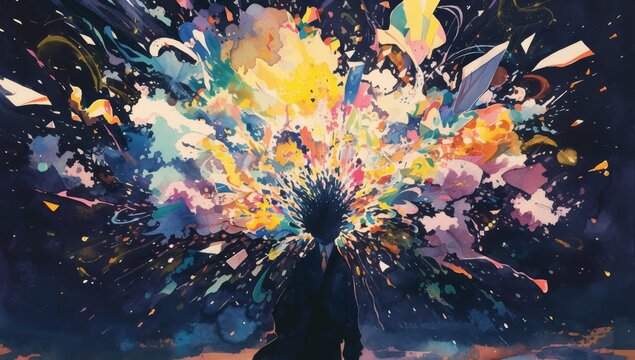 watercolor painting of silhouette of man with short hair, colorful explosion behind him,