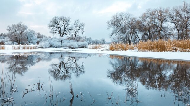 winter landscape with beautiful reflection in the water