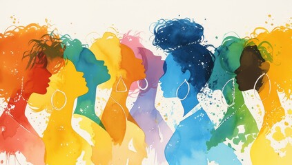 Watercolor silhouettes of women in various colors, standing together on white background. 