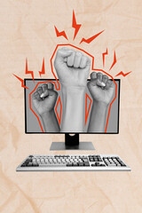 Trend artwork composite image photo collage of silhouette huge hands fist up in air from device...