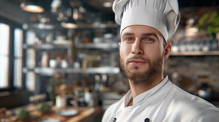A man in a chef's uniform and hat stands in a professional kitchen setting. Blurred background.