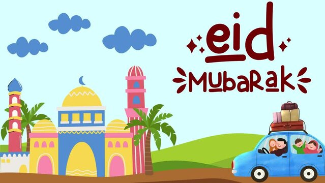 Animation of Eid Mubarak welcoming the holiday for Muslims. Dark red text with a view of a mosque, clouds and a family driving a car. Great for 4K video recognition.