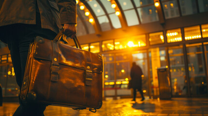 Naklejka premium Close-up of a leather bag in an urban setting at night. Business and goals concept with copy space.