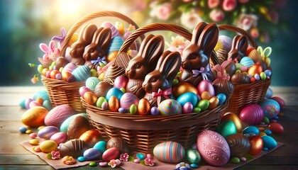 Baskets filled with chocolate bunnies, candies, and decorated Easter eggs. - obrazy, fototapety, plakaty