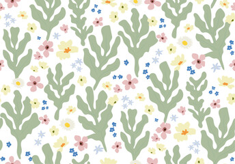 Aesthetic retro grrovy flowers seamless pattern. Spring florals and plants on white background. Vector illustration.