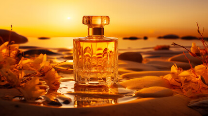 Obraz na płótnie Canvas Perfume bottle on beach at sunset. Luxury fragrance and beauty concept