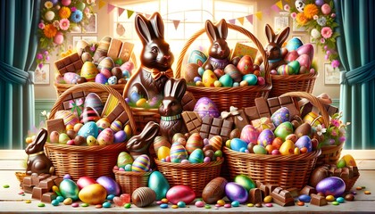Baskets filled with chocolate bunnies, candies, and decorated Easter eggs. - obrazy, fototapety, plakaty