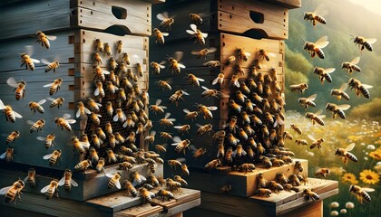 bees flying in and out of the hive entrance, showcasing the constant activity and movement of the colony - obrazy, fototapety, plakaty