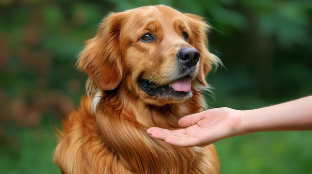 Pet animal dogs puppy training education teaching concept background - Adorable cute little domestic obedience sitting golden retriever dog ​​listens to owner trainer hand, sit and wait in command