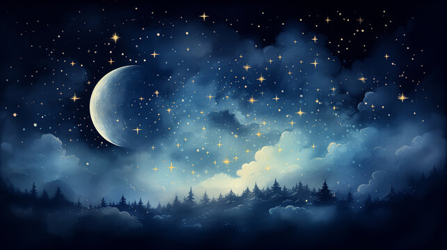 A whimsical watercolor painting depicting a minimalist moon against a dark, starry sky.