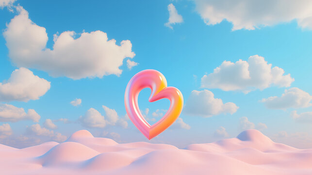 pink orange asymmetrical heart frame levitating in pink desert with clouds on blue sky