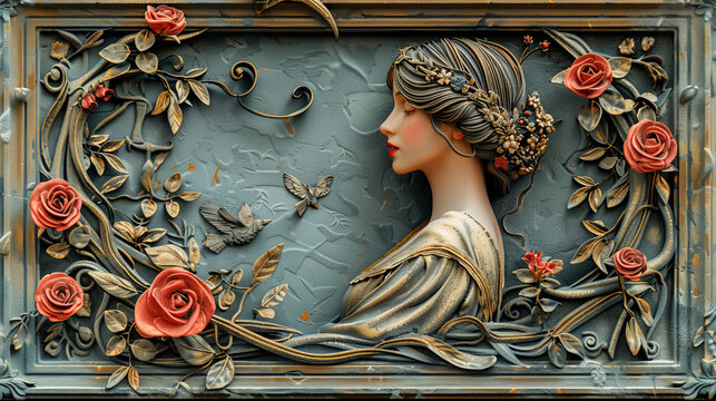 detail of the wall of the cathedral of a young girl with flowers fresco sculpture, of a woman working day, celebration 3d frame art