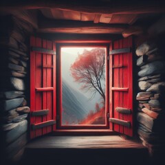 Open red framed window, overlooking beautiful mountain scenery
