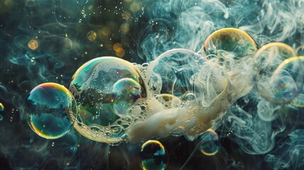 Abstract shot with big soap bubbles on a water surface with smoke inside. Image has grain texture visible on its maximum size