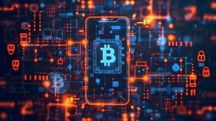 Smartphone displaying Bitcoin symbol amidst intricate digital circuit board design showcasing the of cryptocurrency and advanced technology