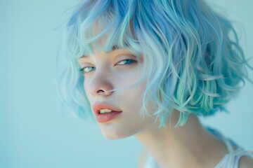 young woman with beautiful light blue short hair on pastel blue background, hair salon ad