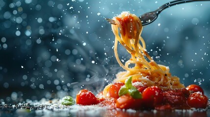 Fresh pasta twirling onto a fork, with a tomato sauce splash that's both dynamic and appetizing
