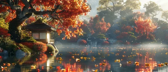 Tafelkleed An autumn scene in a Japanese garden, where maple trees and late-blooming flowers merge © Seksan