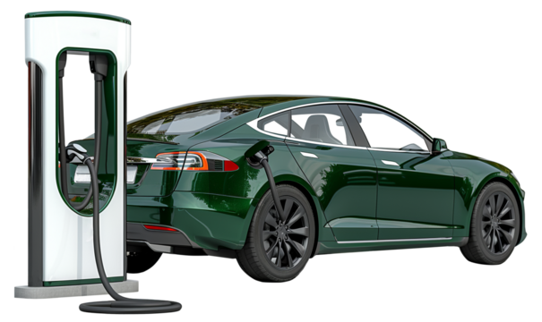 A green electric car is charging at a station on a transparent background.