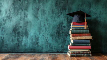 A graduation cap on top of a stack of books against a green wall - obrazy, fototapety, plakaty