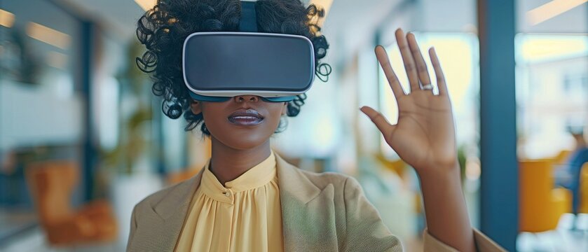 African American woman working casually in the office, utilising a tablet and virtual interface while wearing a VR headset
