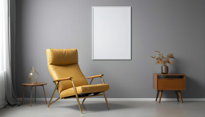 a golden Recliner Chair Chair in gray background with empty poster in the wall