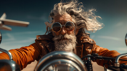 old man on motorcycle, grey hair flowing in the wind, retro pink sunglasses