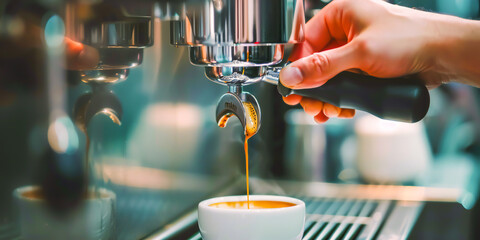 A barista expertly brews a rich espresso using a state-of-the-art coffee machine, emphasizing its precision and flavor - obrazy, fototapety, plakaty