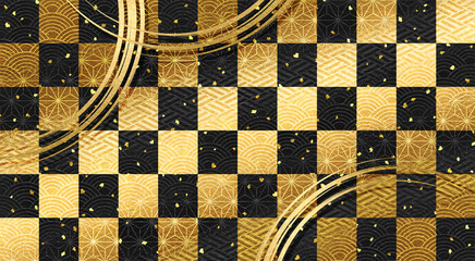 和紙質感の金色の市松模様の和風の背景、黒、新年の行事やお祝い事等へ