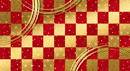 和紙質感の金色の市松模様の和風の背景、赤、新年の行事やお祝い事等へ