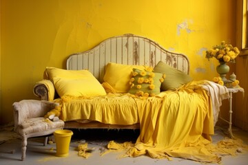 Outdated Room yellow shabby renovation. Empty design. Generate Ai