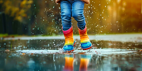 A child gleefully jumps into puddles wearing vibrant rain boots, showcasing their waterproof design. , advertising style