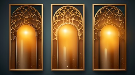Ramadan Kareem posters set, gold 3d arabian windows on color background, arabesque pattern. Vector...