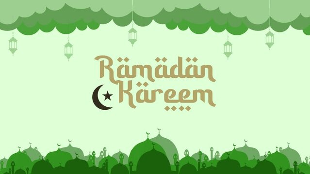 Ramadan Kareem animation welcomes the month of fasting for Muslims. Dark brown text on a green background, view of a mosque, clouds and lanterns. Great for 4K video recognition.