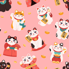 Seamless vector pattern with Japanese Maneki Neko, cartoon lucky cat wealth symbol holds an amulets, eastern culture