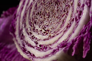 Purple cabbage macro abstract background. Creative composition in the harsh sunlight. Cut the crude product. Vegetarianism, diet, vitamins. Purple Peking cabbage for salads. The texture of the food - 762389224