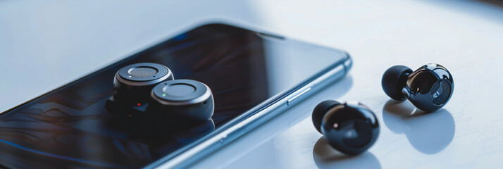 A close-up of a pair of wireless earbuds and a smartphone, symbolizing technology and entertainment
