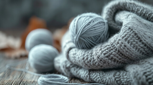 Cozy knitting wool yarn and knitwear closeup. Soft focus image of grey wool yarn balls and knitted fabric, evoking warmth and handicraft