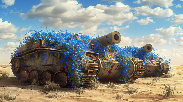 Science Fiction Art of Forget me not flowers growing on tanks abandoned in the desert, Avant-garde art