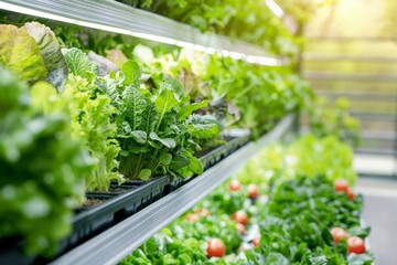 Lush lettuce and herbs flourishing in a modern vertical hydroponic farming setup