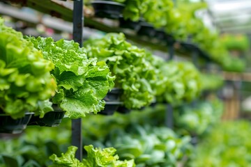 Green hydroponic lettuce growing vertically in a modern agricultural greenhouse - obrazy, fototapety, plakaty