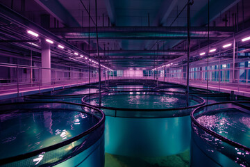 A glimpse into the cutting-edge futuristic aquaculture facility interior with circular tanks and innovative purple lighting technology for sustainable fish farming - obrazy, fototapety, plakaty